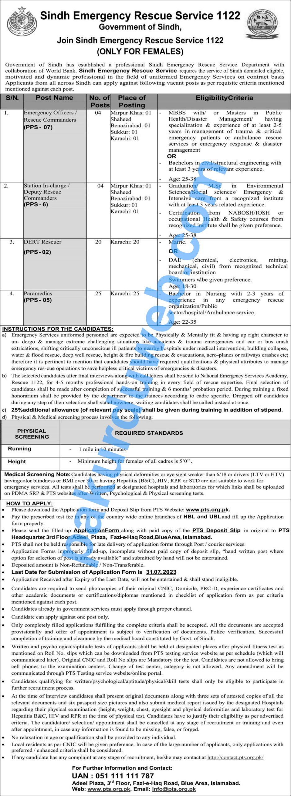 Govt Jobs In Sindh, Sindh Emergency Rescue Service 1122 Jobs available. (Only For Females)