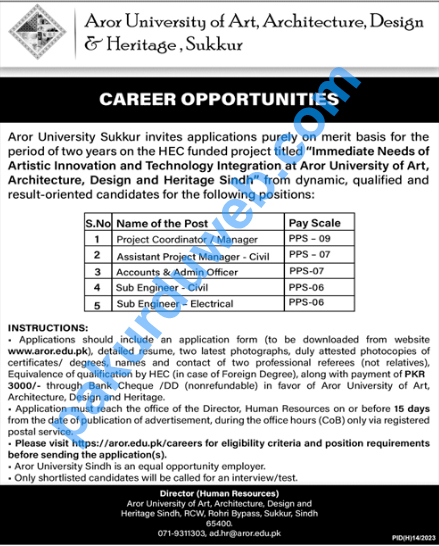 Karachi Jobs, Aror University of Art. Architecture, Design & Heritage, Sukkur, Karachi Job Opportunities 2023.