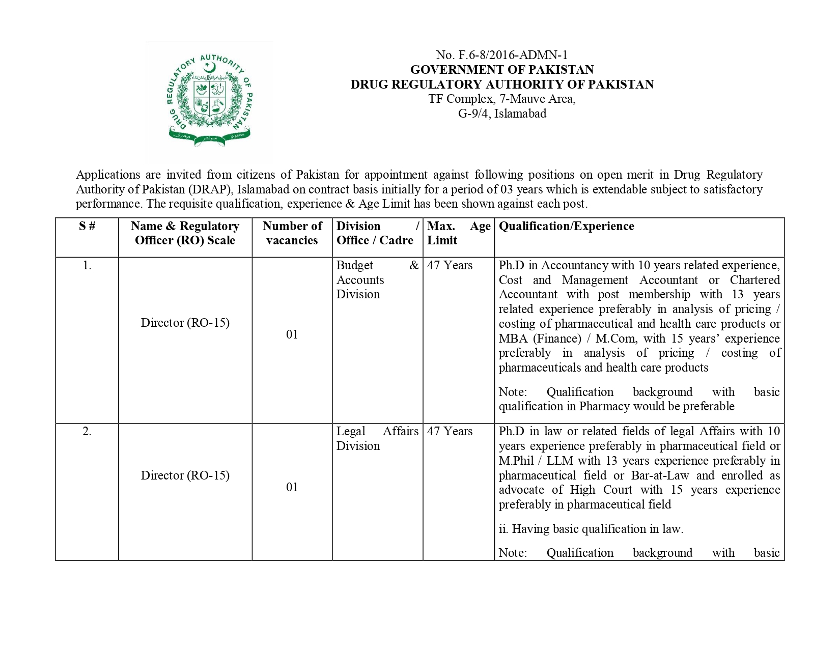 Govt. Jobs, Exciting Career Opportunities at the Drug Regulatory Authority of Pakistan (DRAP) 2023