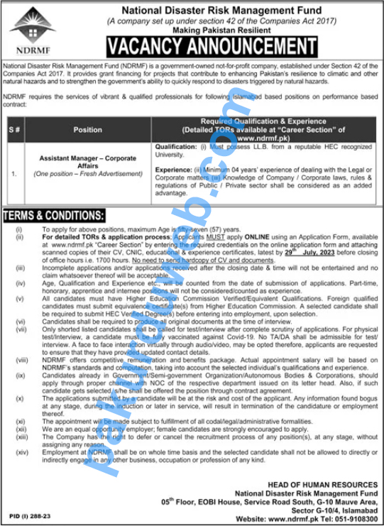 Govt Jobs, National Disaster Risk Management Fund (NRDMF) Job Opportunity for Assistant Manager - Corporate Affairs. 2023