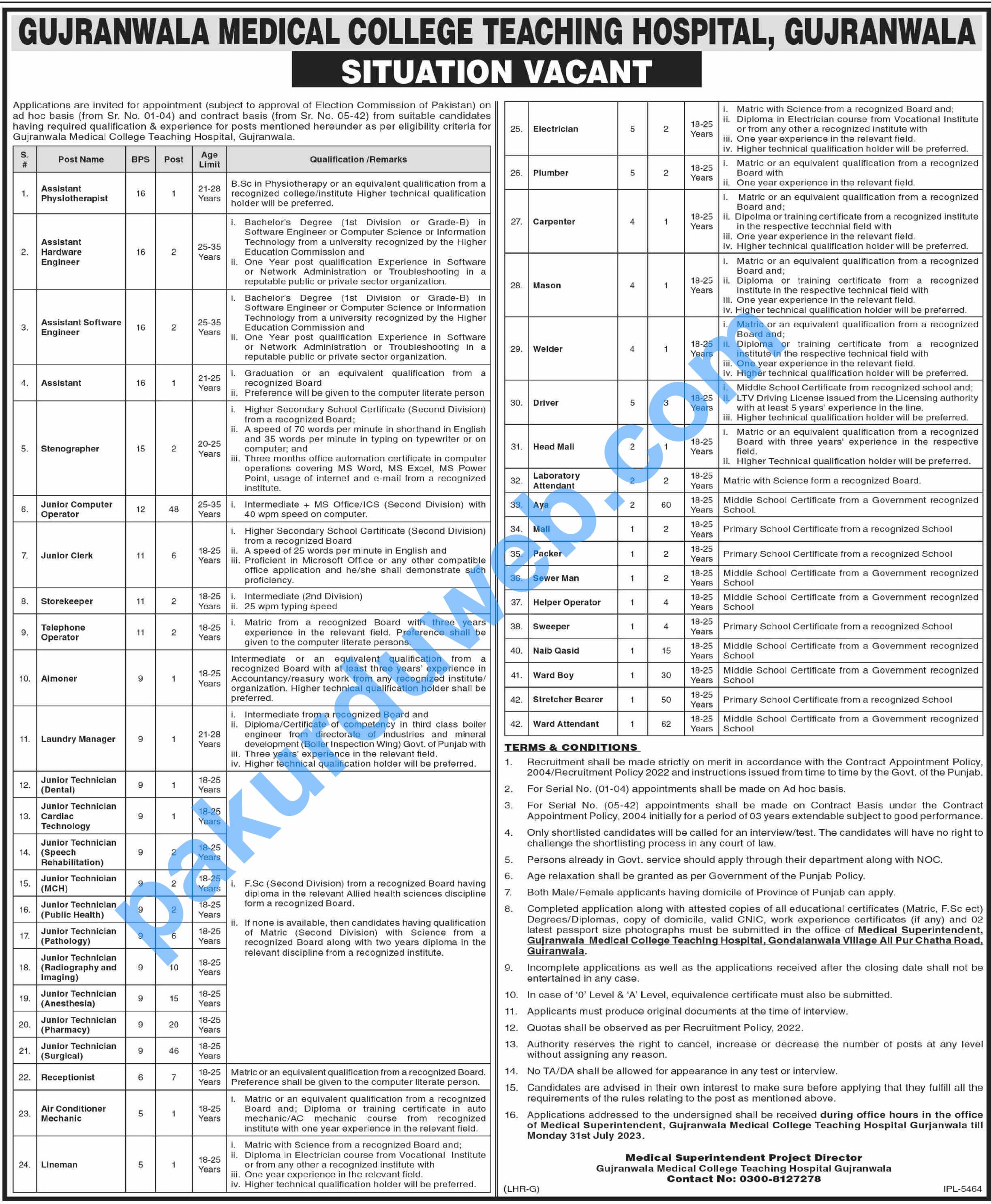 Medical Jobs, Gujranwala Medical College invites applications for job positions.